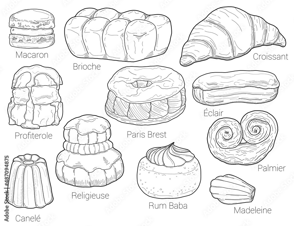 French Pastry Pattiserie Types Collection Black and White Hand Drawn Illustration Bakery Set