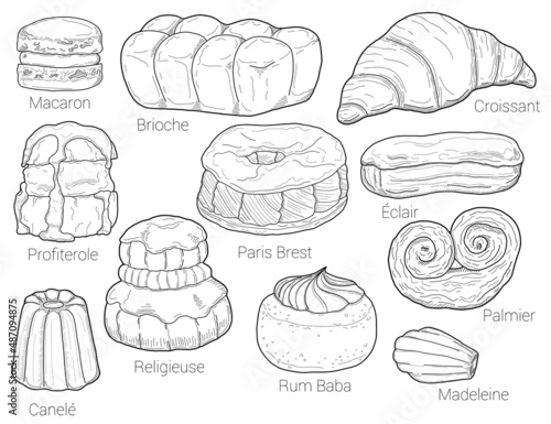 French Pastry Pattiserie Types Collection Black and White Hand Drawn Illustration Bakery Set photo