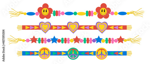 Friendship bracelets set. Retro hippie DIY beaded bracelets with peace icon and heart, flower power. Vector illustration clip-art