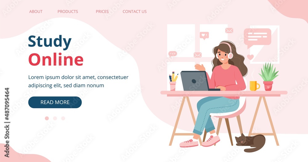 Study online landing page template, woman studying from home, online student. Cute vector illustration in flat style