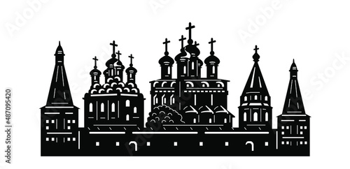 Black and white image. The silhouette of ancient cities.
 Drawing for stencil, printing, laser cutting.