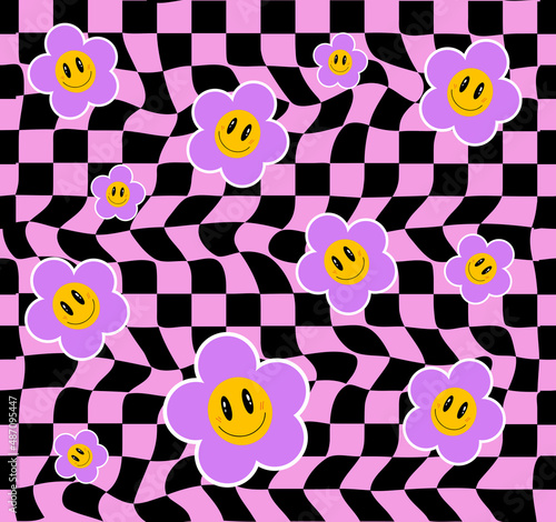 Retro 70s flowers with distorted checkered seamless pattern background for girl - kids graphic tee t shirt or sticker. Vector illustration
