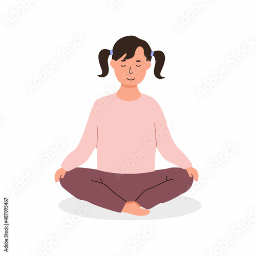 Caucasian girl sitting on floor and meditating. Child or teen doing yoga exercise. Meditation lesson in school concept. Vector flat illustration character isolated on white background.