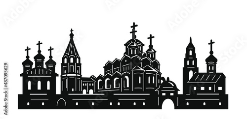 Black and white image. The silhouette of ancient cities.
 Drawing for stencil, printing, laser cutting.