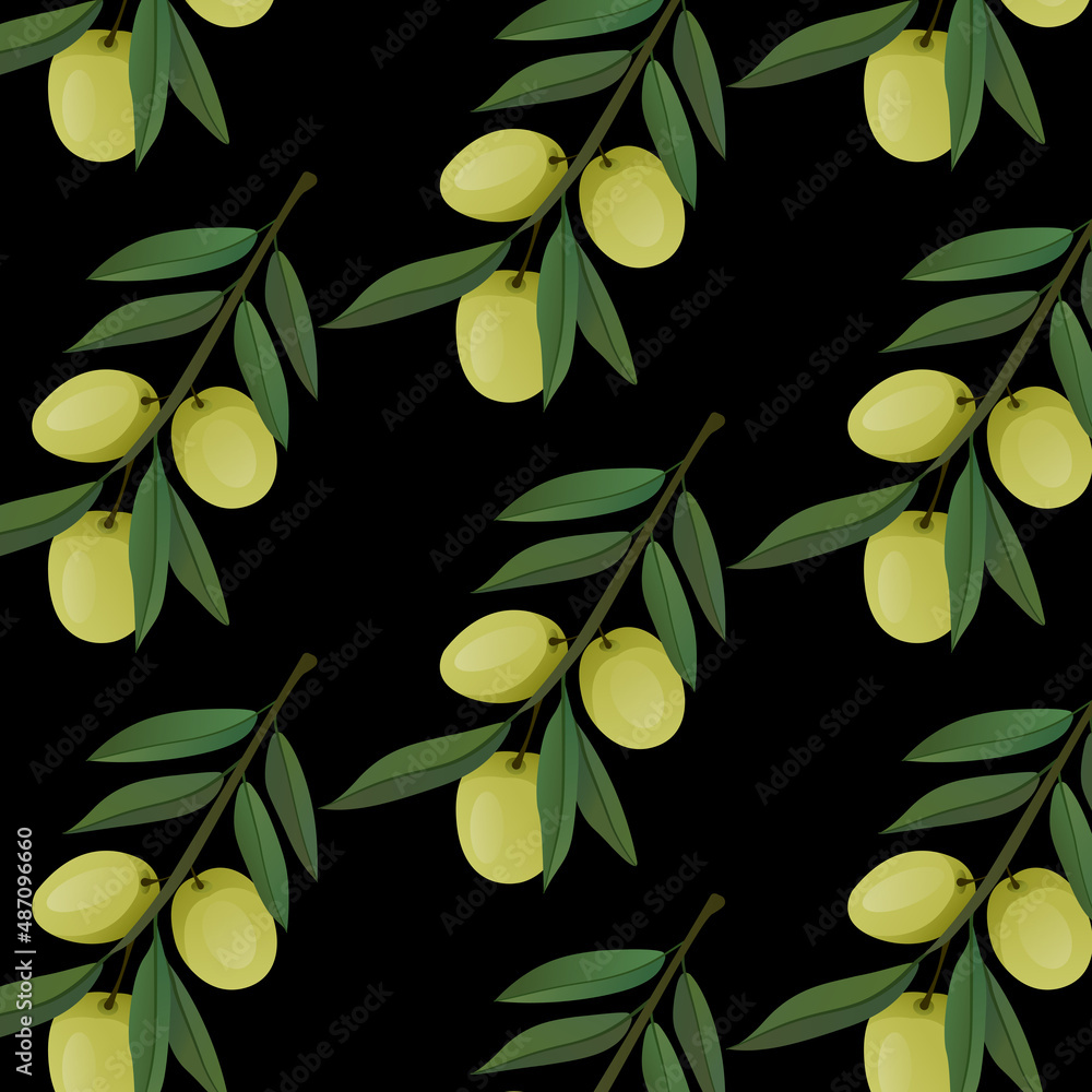 Naklejka premium Vector pattern with green olives on black background.