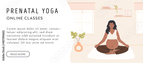 African american pregnant woman meditating. Web banner template for prenatal yoga. Black or asian woman sitting with legs crossed. Relaxing meditation exercise during pregnancy. Vector illustration.
