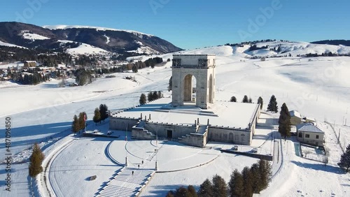 Asiago War Memorial with snow - Asiago, Vicenza, Veneto, Italy - Drone photo