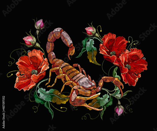 Scorpion and red poppies flowers. Embroidery art. Gothic halloween style. Romantic dark fairy tale. Fashion template for clothes