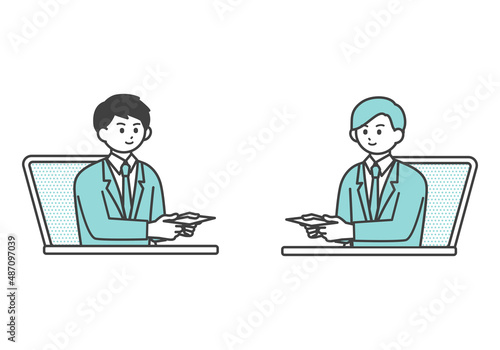 オンラインで名刺交換をする男性社員のイメージイラスト素材