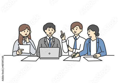 ミーティングをしている男性社員と女性社員のイメージイラスト素材