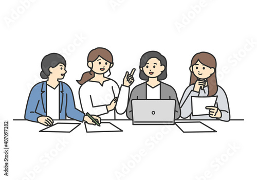ミーティングをしている女性社員のイメージイラスト素材