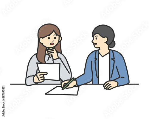 ミーティングをしている女性社員のイメージイラスト素材