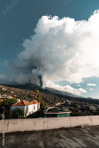 Smoking volcano eruption. Near the La Palma village. Canary Islands, Tajuya