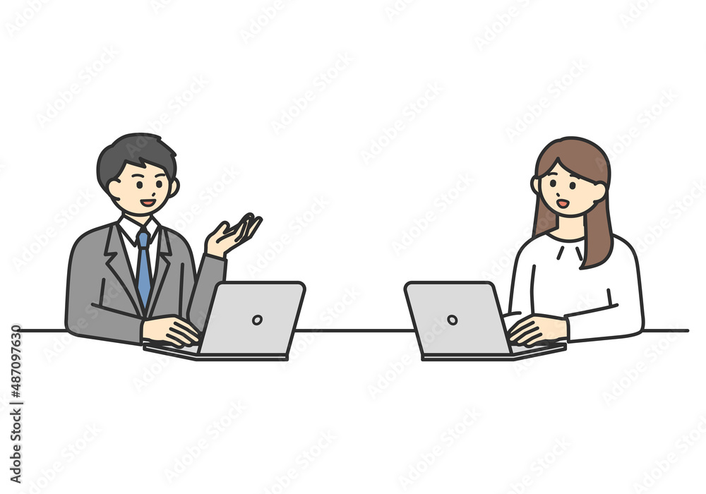 ディスカッションをする男性社員と女性社員のイラスト素材 ディスカッションをする男性社員と女性社員のイラスト素材