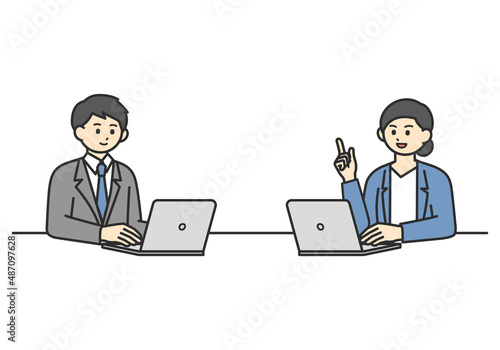 ディスカッションをする男性社員と女性社員のイラスト素材