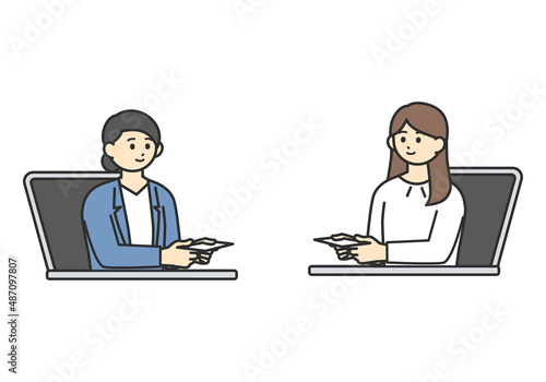 オンラインで名刺交換をする女性社員のイメージイラスト素材