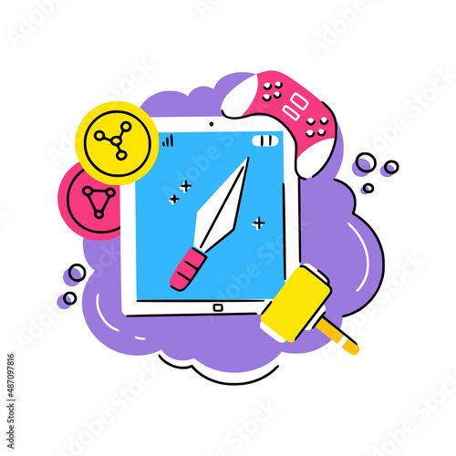 Concept illustration of nft game object with joystick, sword, crypto coins and auction hammer. Good for stickers, articles, web and apps.