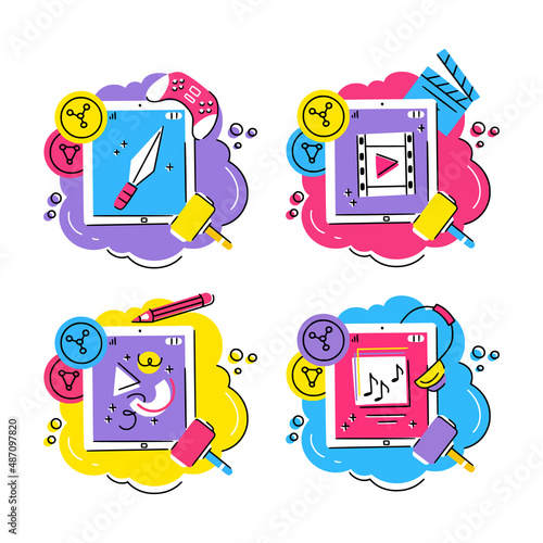 Set of 4 concept illustrations of nft objects  including games, music, video and art on tablet with crypto coins and auction hammer. Good for stickers, articles, web and apps.