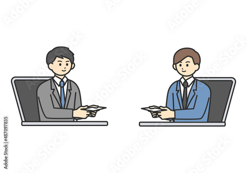オンラインで名刺交換をする男性社員のイメージイラスト素材