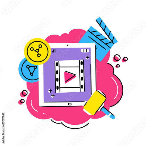 Concept illustration of nft video object with movie firecracker, filmstrip, crypto coins and auction hammer. Good for stickers, articles, web and apps.