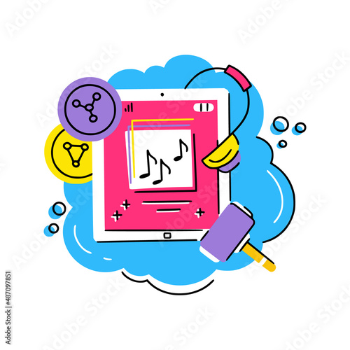 Concept illustration of nft music with headphones, notes, crypto coins and auction hammer. Good for stickers, articles, web and apps.