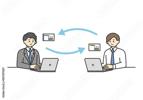 オンラインで名刺交換をする男性社員のイメージイラスト素材