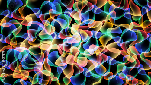 Abstract multicolored background of overlapping transparent amorphous figures with illumination on a black background. Vector illustration.