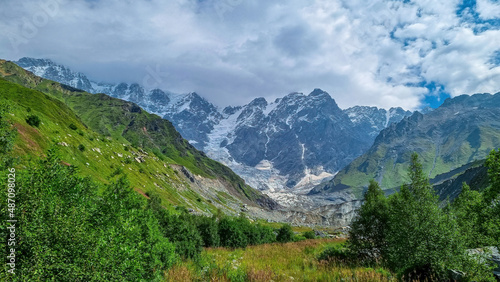 Blooming flowers in a green valley with view on the Shkhara Glacier in the Greater Caucasus Mountain Range in Georgia, Svaneti Region,Ushguli. Snow-capped mountains, Spring. Bushes and hills. Paradise