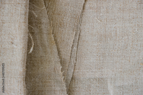 Hemp fabric or hemp canvas. Sustainable and environmentally friendly textile. Copy space. 