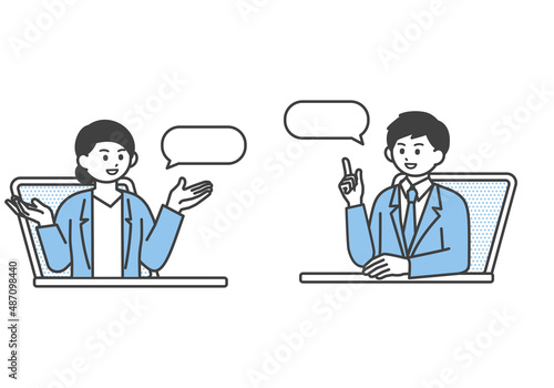 オンラインで打ち合わせをする男性社員と女性社員のイメージイラスト素材