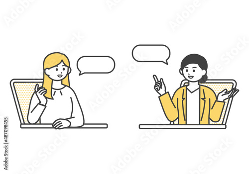 オンラインで打ち合わせをする女性社員のイメージイラスト素材