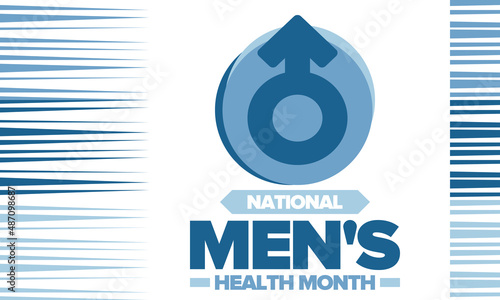 National Men's Health Month in June. Celebrated in United States. Educational program that teaches you how to work on your body. Healthy eating, exercise and disease prevention. Medical vector poster