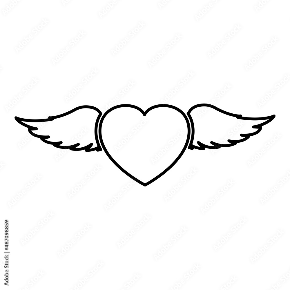 Heart with wing contour outline line icon black color vector illustration image thin flat style