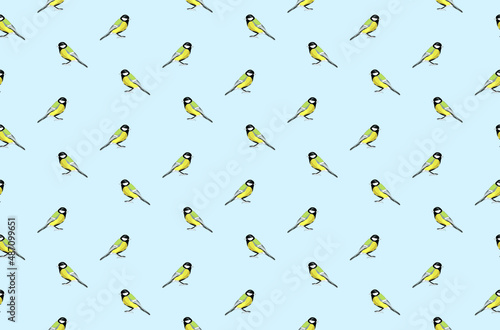 Seamless vector pattern with great titmouses, blue background