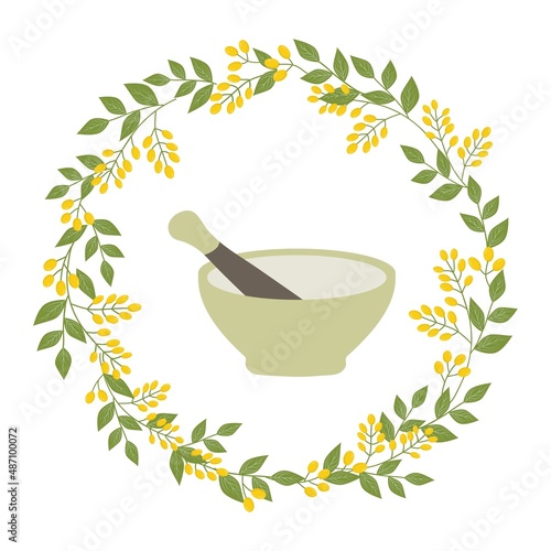 Vector illustration of stone mortal and pestle in botanical herbal wreath with yellow berries. Alternative medicine ayurveda face skin care natural cosmetics spa wellness concept