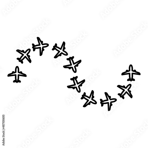 Route from airplanes flight tourism path plane flights adventure time concept itinerary fly contour outline line icon black color vector illustration image thin flat style