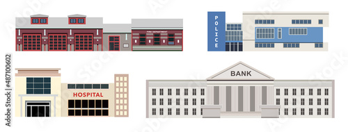 Buildings bank, police, fire department, hospital, vector illustration. City buildings exterior collection.