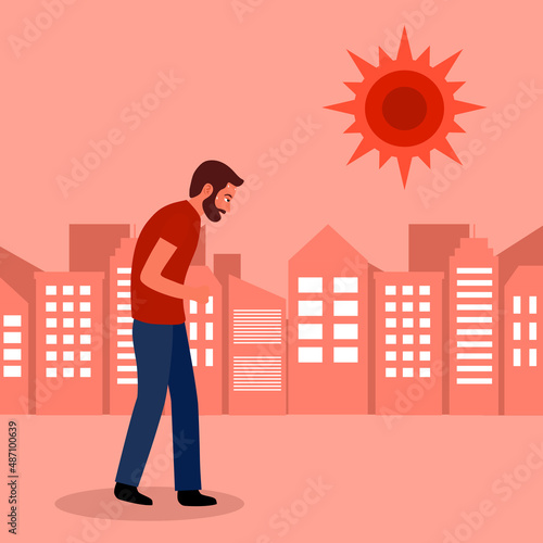 Sweaty man in hot climate city with strong sunlight in flat design. Hot summer day concept.