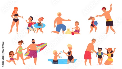 Family summer vacation. Dad relaxed, ocean happy holidays. Mother father and children on beach. Cartoon people walking and swimming, decent vector set
