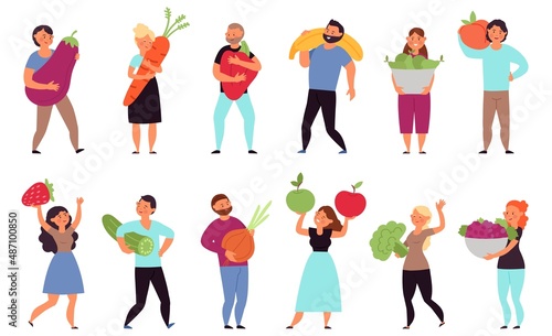 People with vegan food. Wellness nutrition, catering fruit and natural salad. Vegetarian life, person holding food. Local market characters, decent vector set