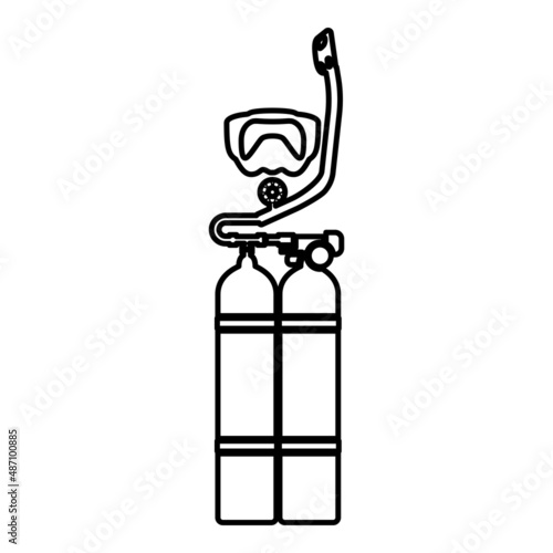Set of skin-diver scuba diver mask snorkel aqualung dive tank cylinders balloon diving gear contour outline line icon black color vector illustration image thin flat style