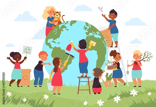 Children save planet. Globalization, globe earth environment protect. Kids eco hero, organic lifestyle and saving plants and animals, decent vector concept