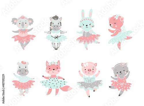 Ballet animal. Bear in tutu, baby rabbit ballerina. Cute fairy dance animals. Girls coala, fox and kitty dancing. Adorable cartoon nowaday vector clipart