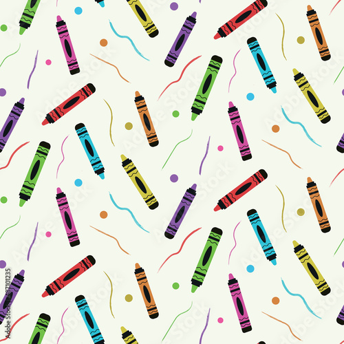 Cute colorful crayons seamless pattern with brush strokes and dots in green, blue, yellow, red, pink and purple. Great for school projects, stationary, posters, textile and gift wrapping paper