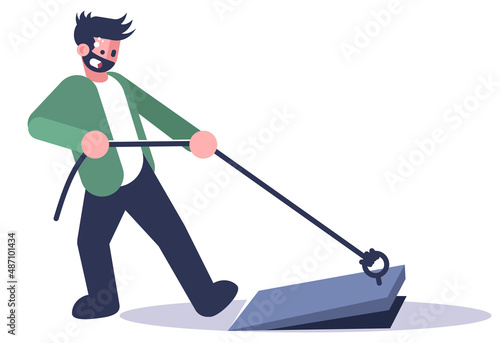 Hidden door finding semi flat RGB color vector illustration. Escape room task. Participating in fun activity. Man trying to open up secret floor door isolated cartoon character on white background