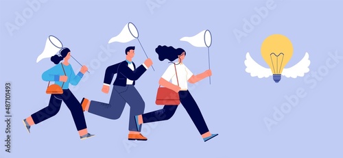 Crowd run to flying bulb. Business team catchind creative idea. People with nets and lamp with wings. Creators competition vector concept