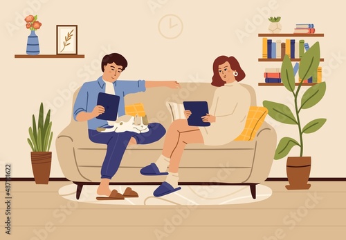 Freelancers. People working from home. Gadget addiction  woman and man with tablets and cat sitting on sofa in living room. Education or business work process  vector illustration