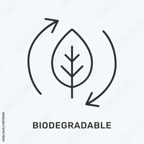 Biodegradable line icon. Vector illustration of leaf and arrows. Black outline pictogram for ecology sign