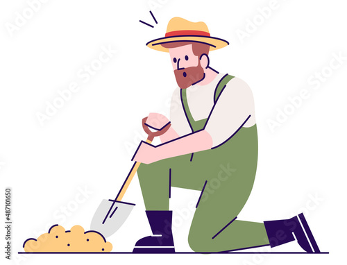 Excited farmer with shovel semi flat RGB color vector illustration. Sitting figure. Historical research. Person with experience in archaeological field isolated cartoon character on white background