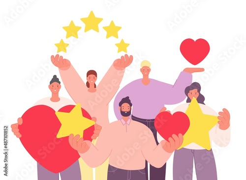 Likes and reviews. Web emotional feedback, repost or share. High rating, happy people crowd holding hearts and stars. Positive emotional adults, vector concept